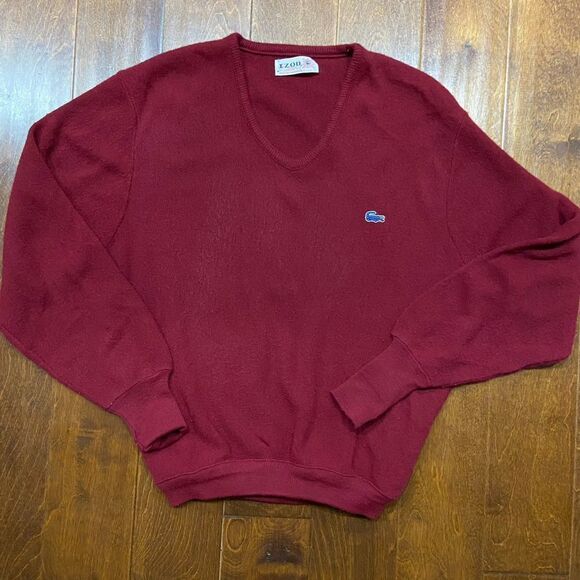 Izod Lacoste Vintage 70s Acrylic Orlon V-Neck Sweater Burgundy Men's Size Large - Picture 4 of 9